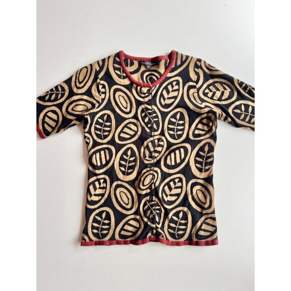 GUDRUN SJODEN Black Abstract Leaf Cotton Intarsia Knit Cardigan Sweater, Size S - Picture 5 of 11